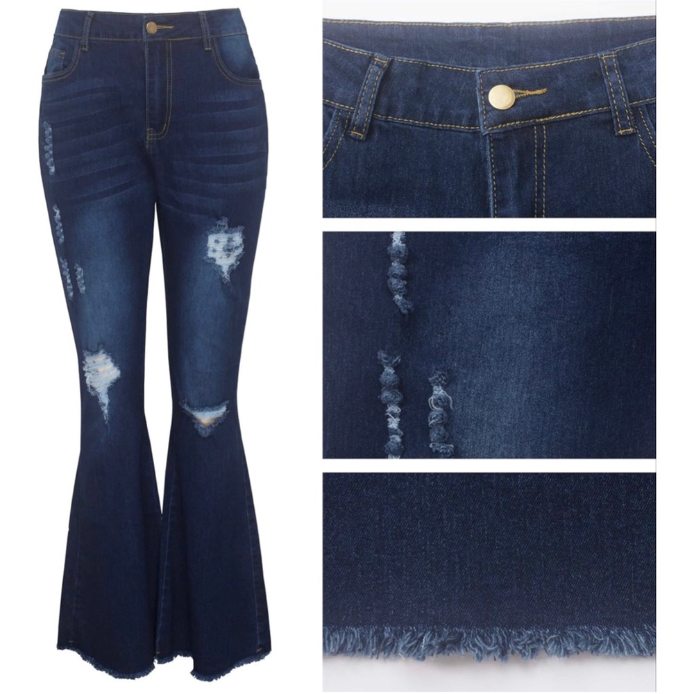 NWOT Women’s Super Flare Bell Bottom Ripped High Rise Blue Jeans Size L (8-10) - Picture 2 of 9